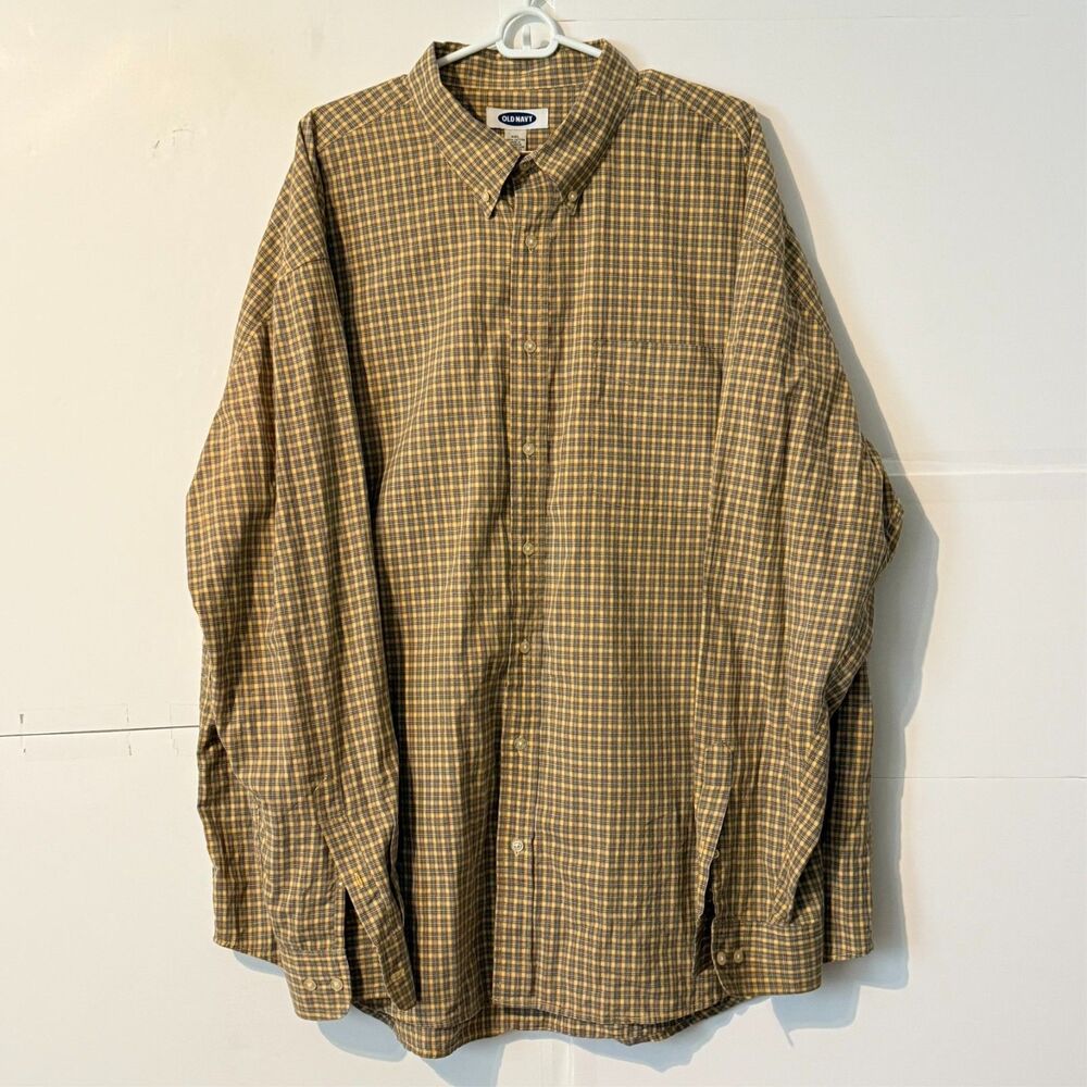 Old Navy Mens Shirt Size 2XL Yellow Blue Plaid Long Sleeve Button Down Casual